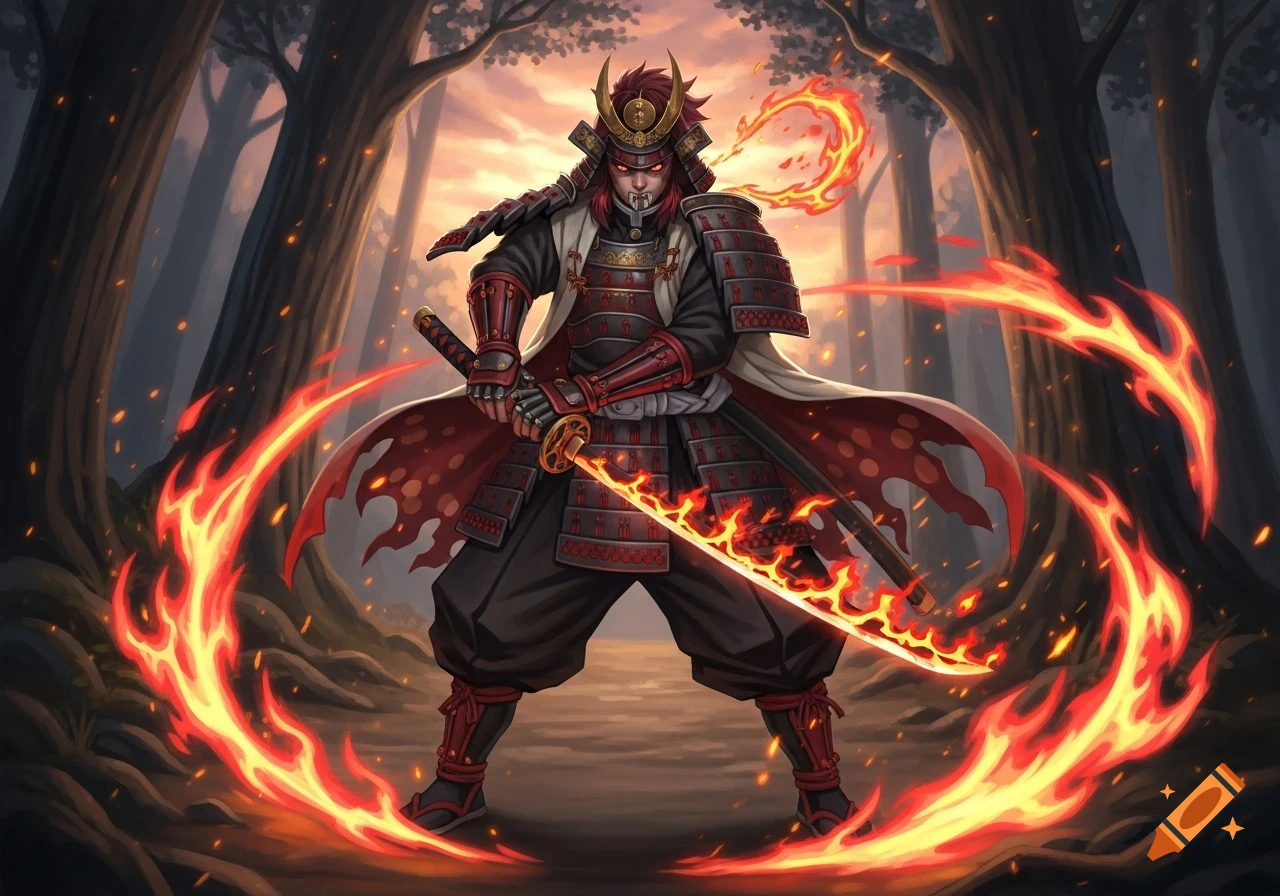 Anime-style samurai warrior in red armor, holding a flaming katana, surrounded by fire in a dark forest.