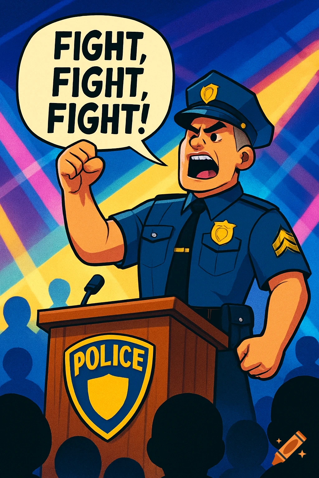 A cartoon police officer in uniform shouts 'FIGHT, FIGHT, FIGHT!' from a podium with a 'POLICE' emblem, raising his fist.