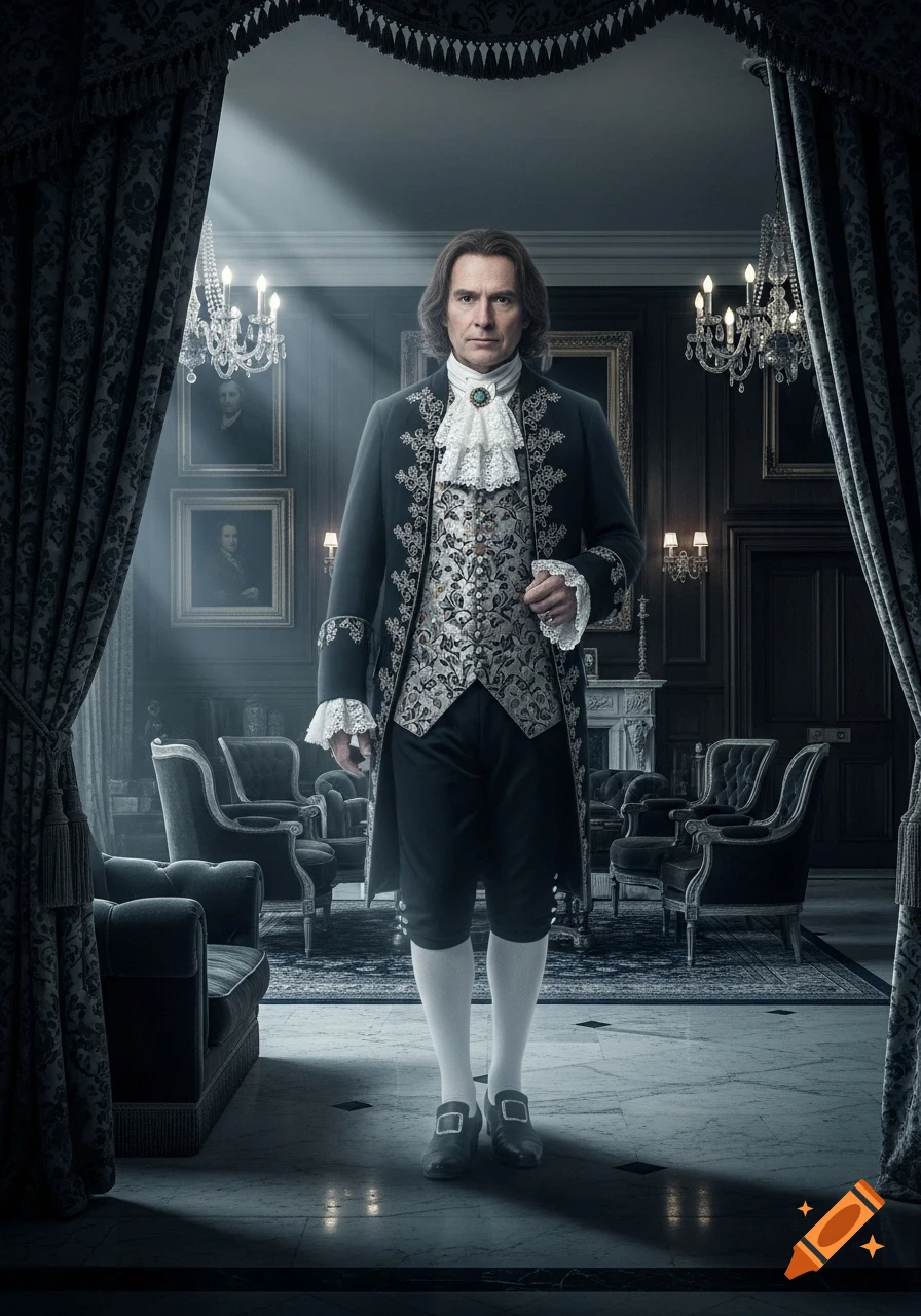 A man with long brown hair in aristocratic clothing, a dark coat, and white frills stands in a grand, dimly lit room.