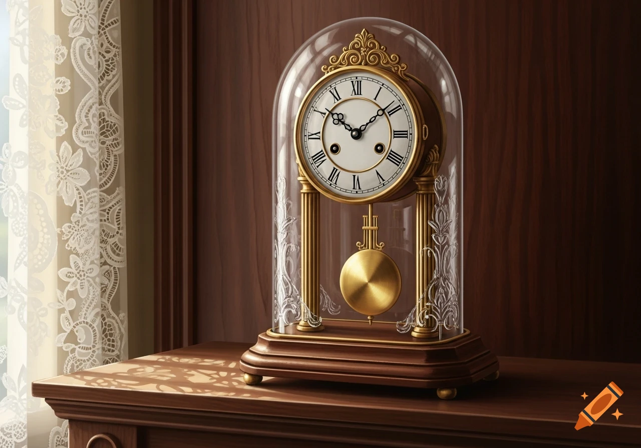 An elegant antique-style pendulum clock in a glass dome on a polished wooden table, with a lace curtain in the background.