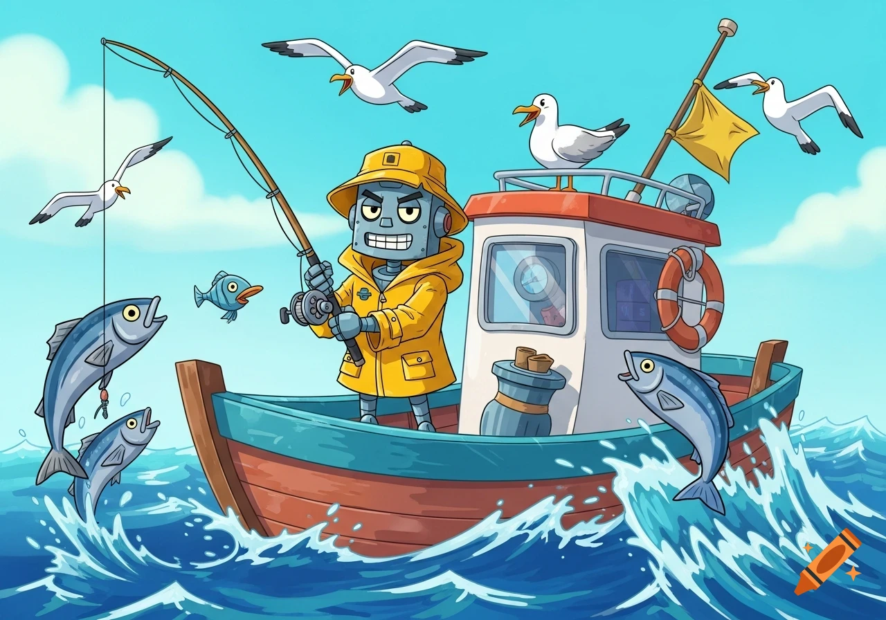 A cartoon robot in a yellow raincoat fishes from a boat on a wavy sea with seagulls flying and fish jumping.