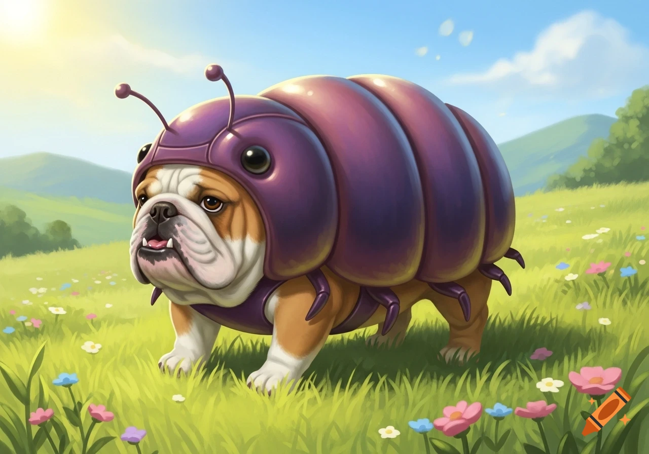 A cute bulldog in a purple pillbug costume stands in a sunny, flower-filled green field.