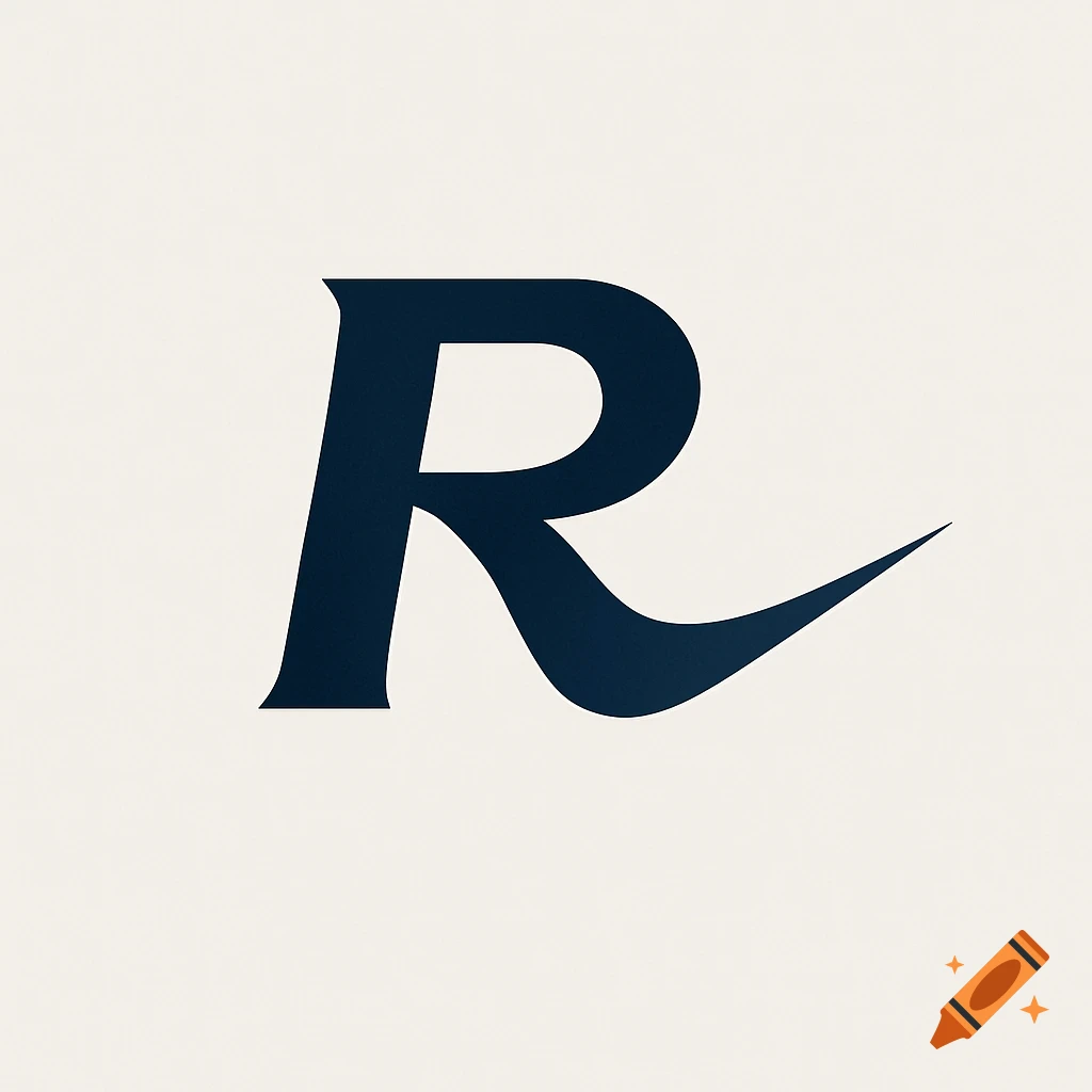 A minimalist dark blue letter R logo with a swoosh on a light cream background.