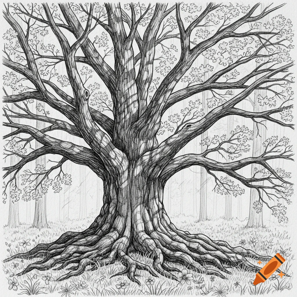 A detailed pencil sketch of a large, mature tree with a thick trunk, spreading branches, and prominent roots above ground, surrounded by grass and small flowers in a forest.