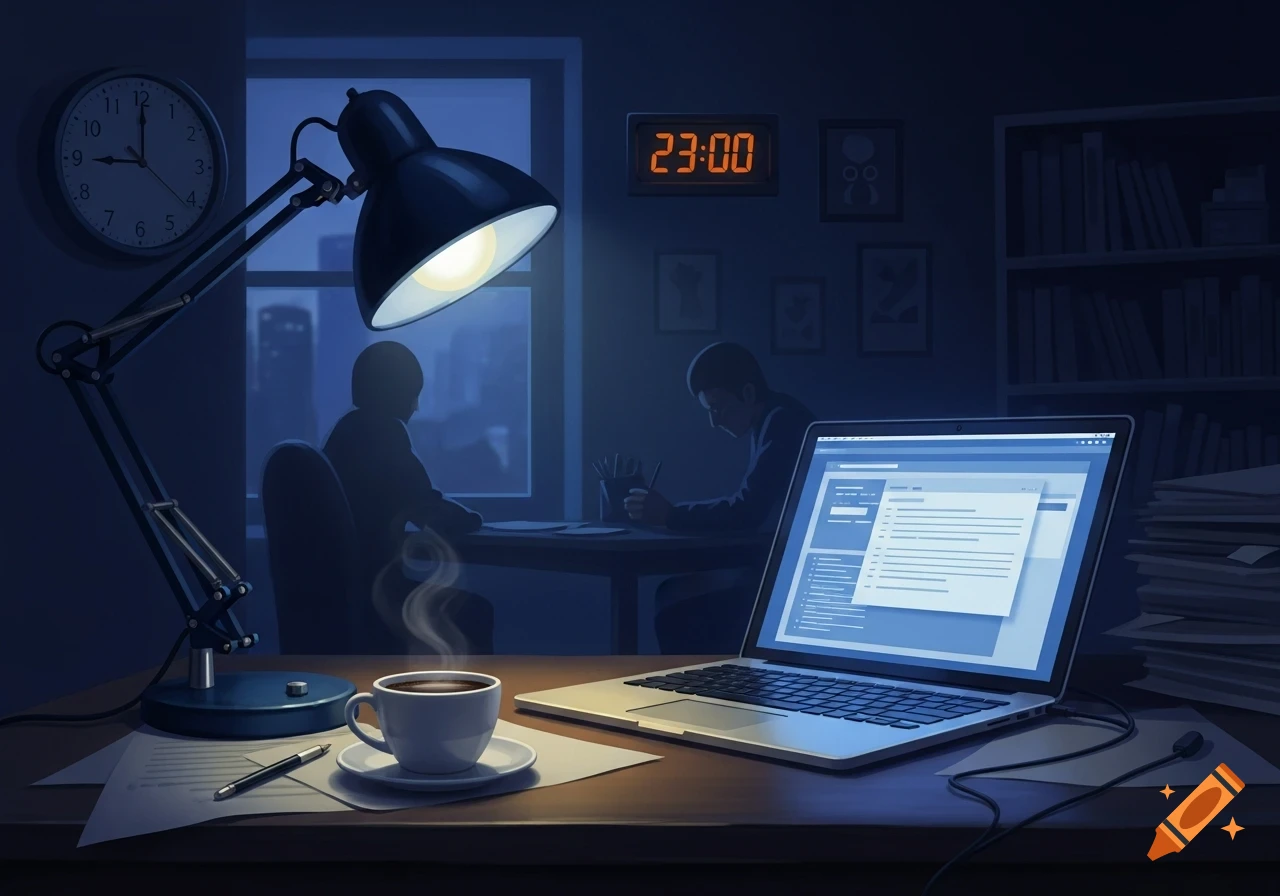 A desk at night with a glowing lamp, laptop, and steaming coffee cup. Two silhouetted figures work in the background, a digital clock shows 23:00.