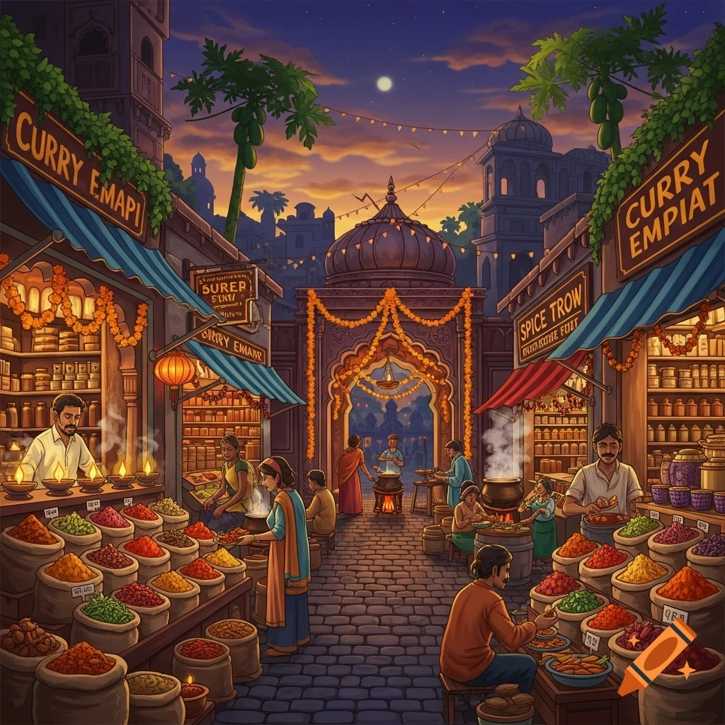 A vibrant, stylized market scene at dusk, with people selling colorful spices in bags and pots, under decorated shop awnings and traditional architecture.