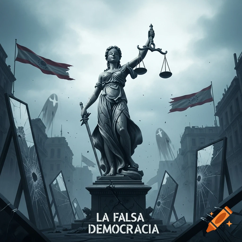 A cracked statue of Lady Justice stands blindfolded amidst a desolate, ruined city with shattered glass and torn flags under a cloudy sky. Text at the bottom reads 'LA FALSA DEMOCRACIA'.