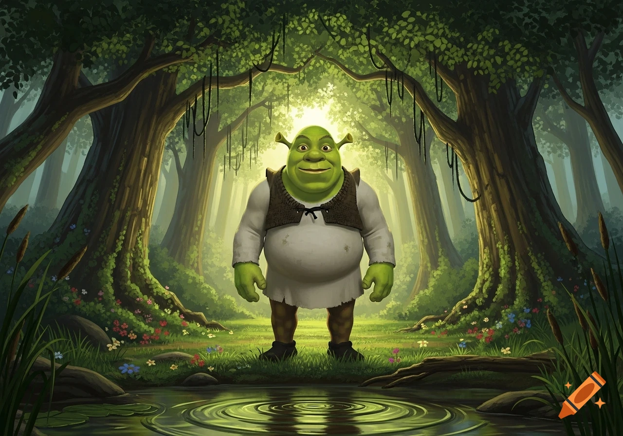 Shrek Reflection Shrek the ogre stands smiling in a vibrant, lush forest clearing with ...