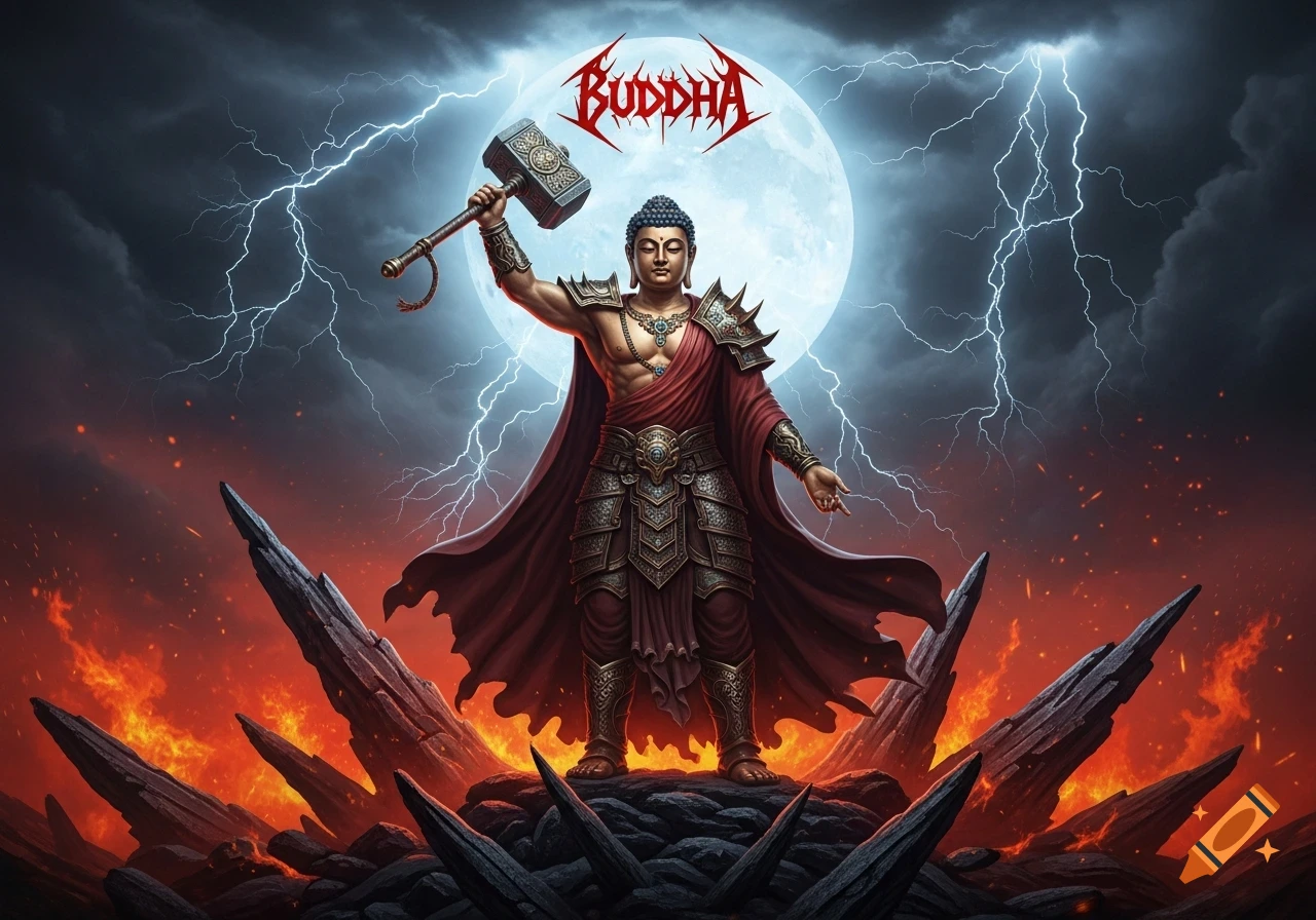 Muscular Buddha in armor holding a warhammer against a full moon, lightning, and fiery landscape, in a heavy metal style.