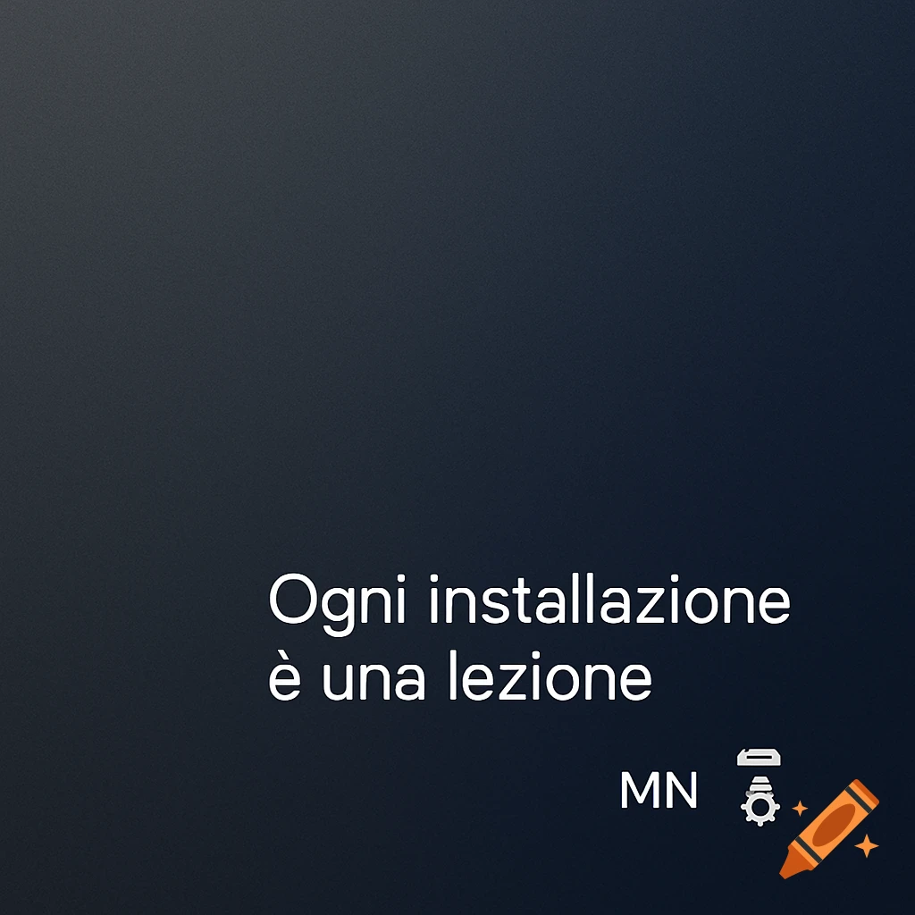 A dark gray background with white text 'Ogni installazione è una lezione' and 'MN' with a bolt and gear icon.