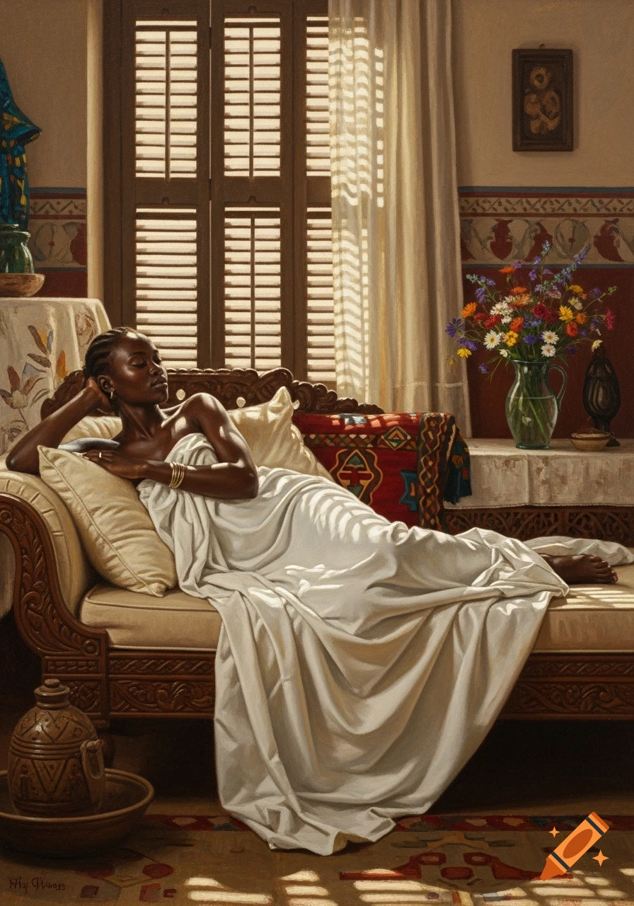 Oil painting of an African woman reclining on a chaise lounge in a sunlit room, partially covered by a white sheet.