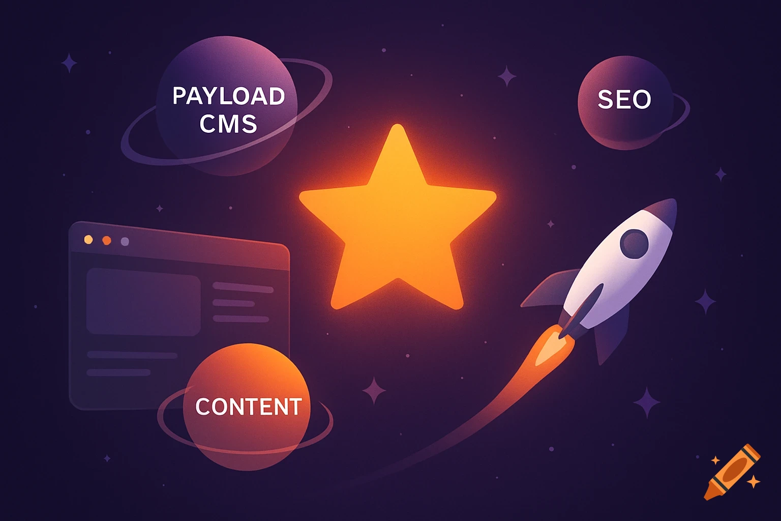 Digital illustration of a star, planets labeled "Payload CMS", "Content", "SEO", a rocket, and a browser window in a purple space scene.