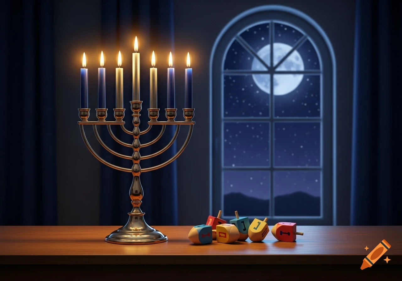 A lit nine-branched menorah and several colorful dreidels sit on a wooden table, with a full moon and starry night sky visible through an arched window in the background.