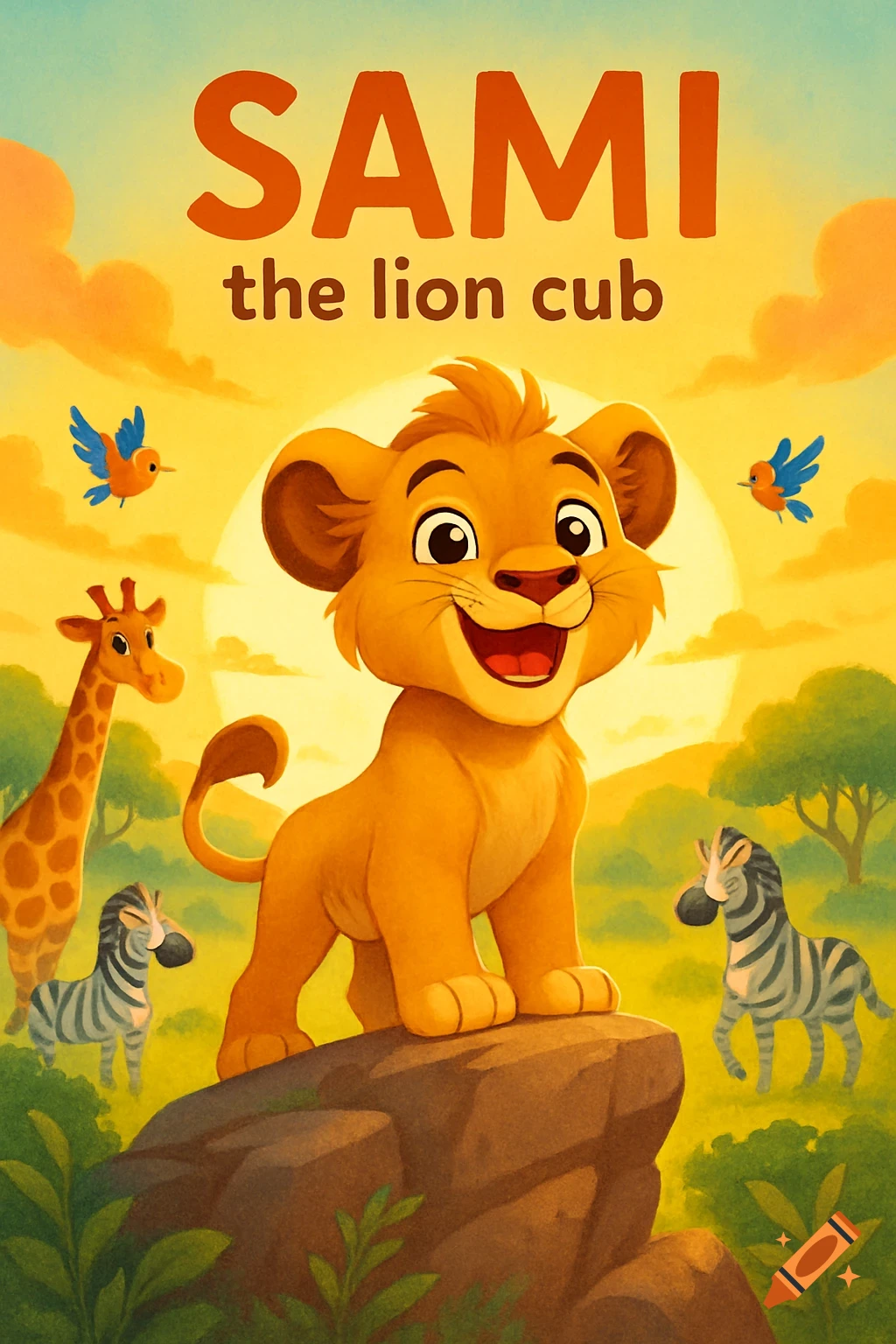 A smiling cartoon lion cub named Sami stands on a rock in a savanna with a giraffe, zebras, and birds under a golden sun, in a children's book cover style.
