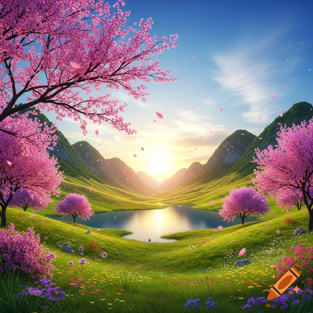 Vibrant valley landscape with a calm lake, pink cherry blossom trees, and mountains under a sunset sky.