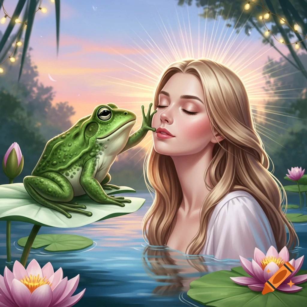 A stylized illustration of a beautiful blonde woman in water with lily pads, a green frog gently touching her lips, at sunset with string lights.