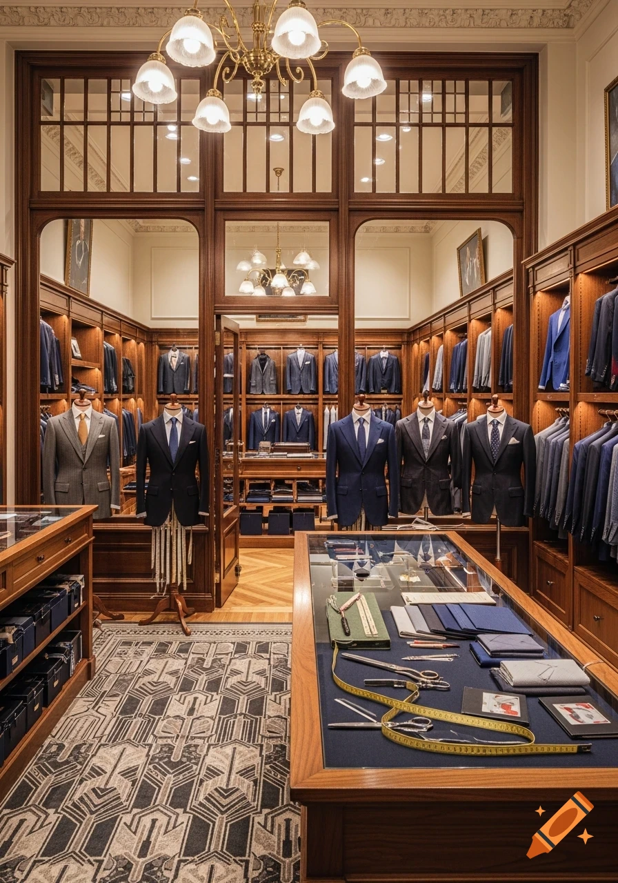 An elegant men's tailor shop with suits on mannequins, wooden shelving, and display cases with tailoring tools.