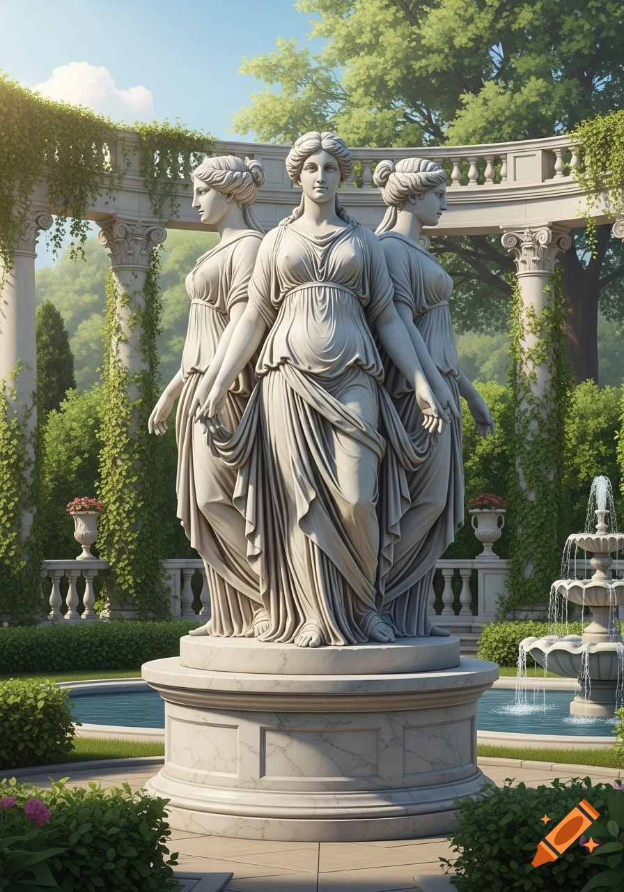 A majestic marble statue of three women in classical robes stands in a verdant garden with a fountain and a vine-covered pergola.