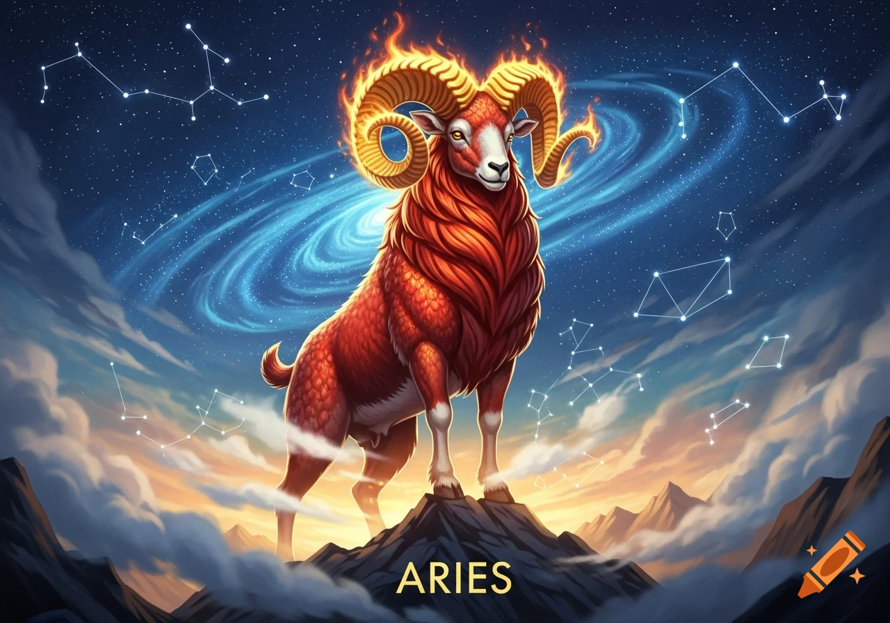 A majestic red ram with flaming golden horns stands on a mountain under a cosmic sky with constellations, 'ARIES' text below.