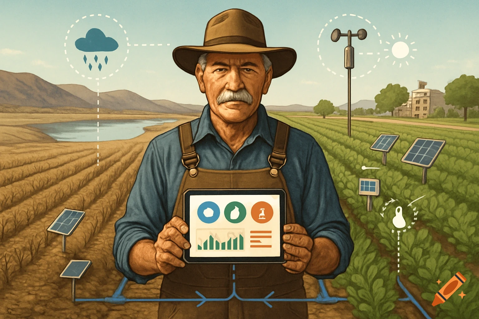 A farmer in a hat and overalls holds a tablet showing smart farming data in a field with green and dry crops, solar panels, and a reservoir.