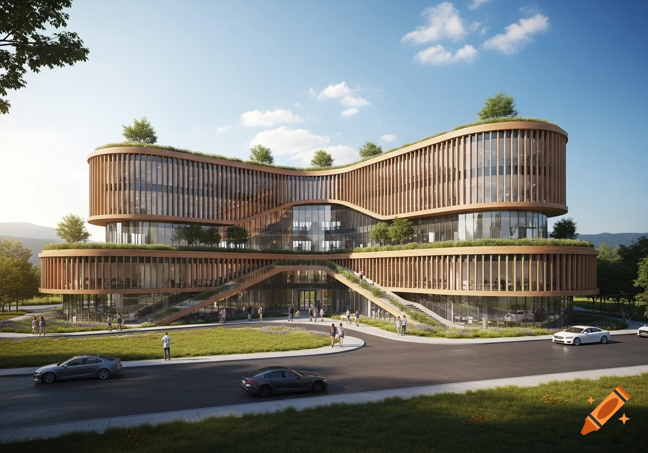 A modern, sustainable university building with a wavy wooden facade, glass windows, and green roofs. People and cars are visible outside on a sunny day.