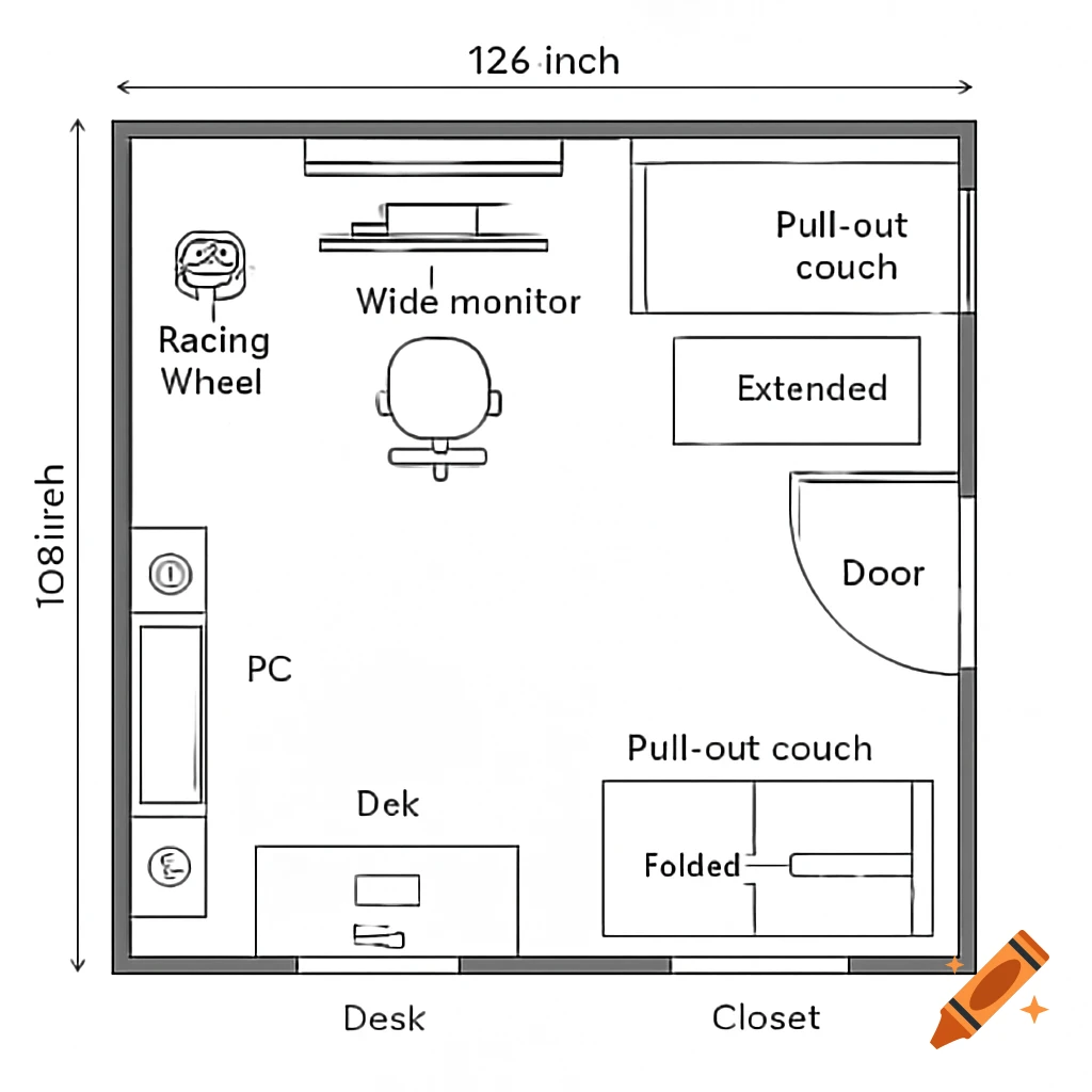 A top-down schematic of a small room with a desk, PC, wide monitor, gaming wheel, two pull-out couches, a closet, and a door, with dimensions labeled.