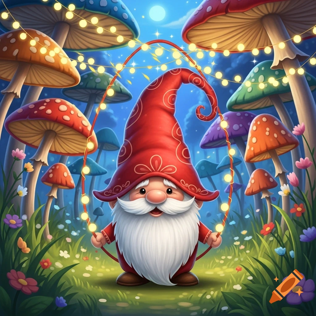 A cheerful gnome with a red hat and white beard holds a glowing string of lights in a whimsical mushroom forest at night.