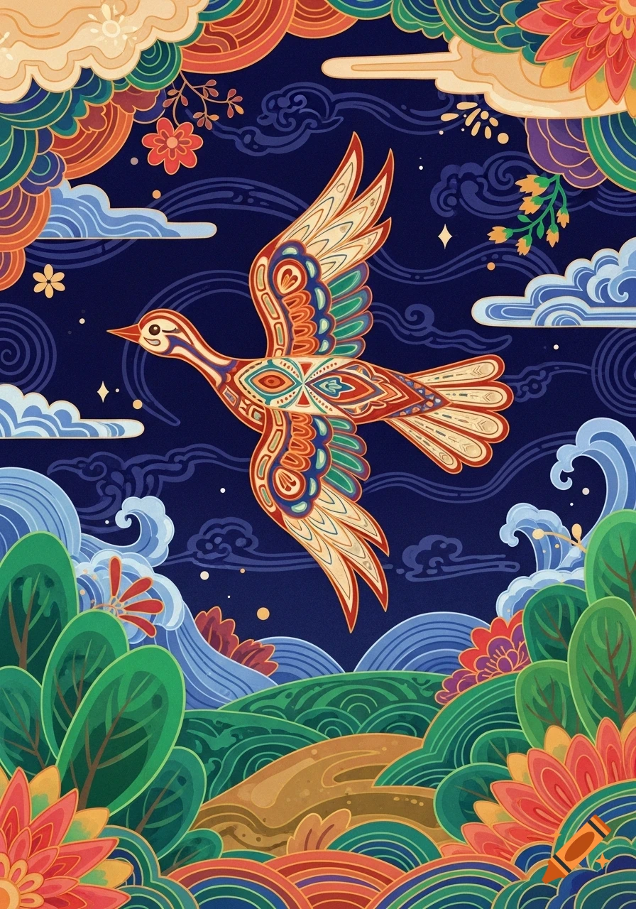 A vibrant, stylized bird with intricate patterns soars over a patterned landscape with clouds and waves in a folk art style.
