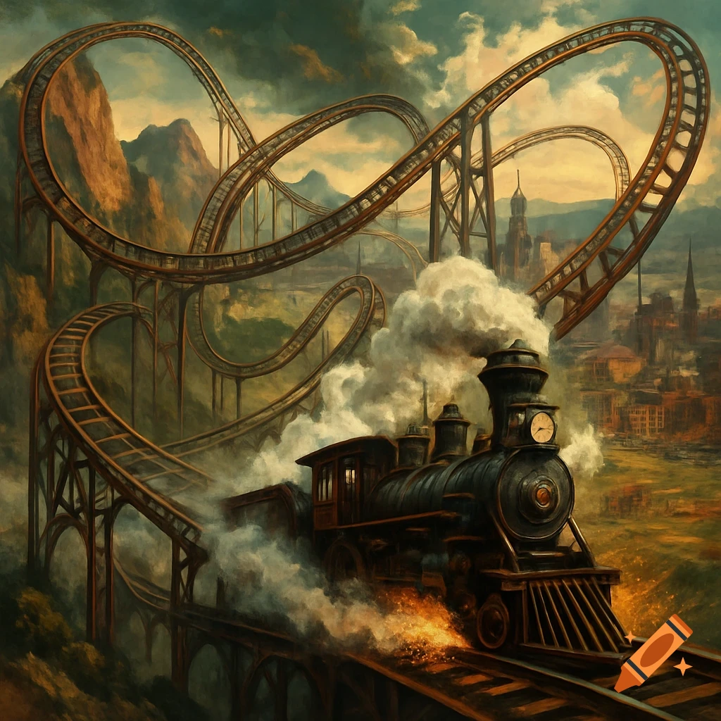 A vintage steam train on tracks emitting smoke and sparks, with looping ...