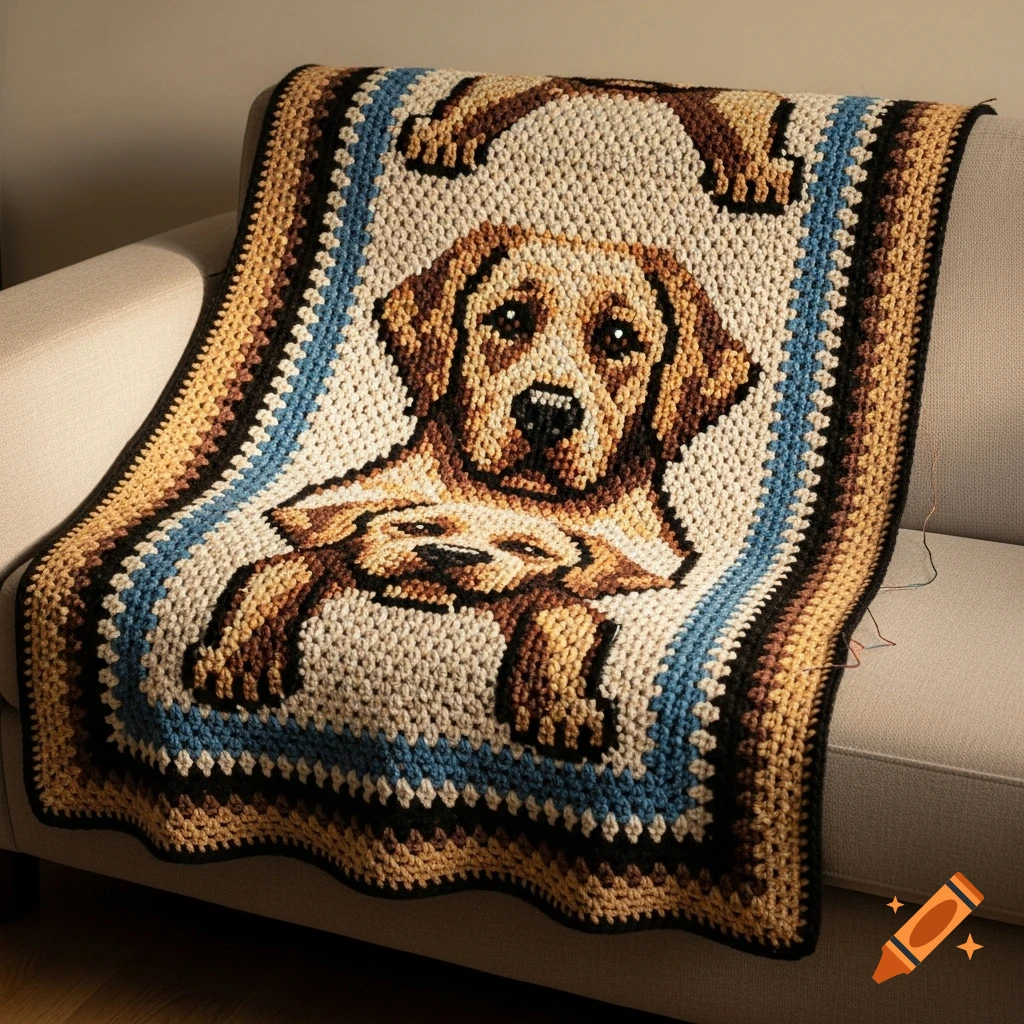 A cozy tapestry crochet blanket with a pixel-style Labrador dog and puppy pattern in multicolor yarn, draped on a neutral sofa.