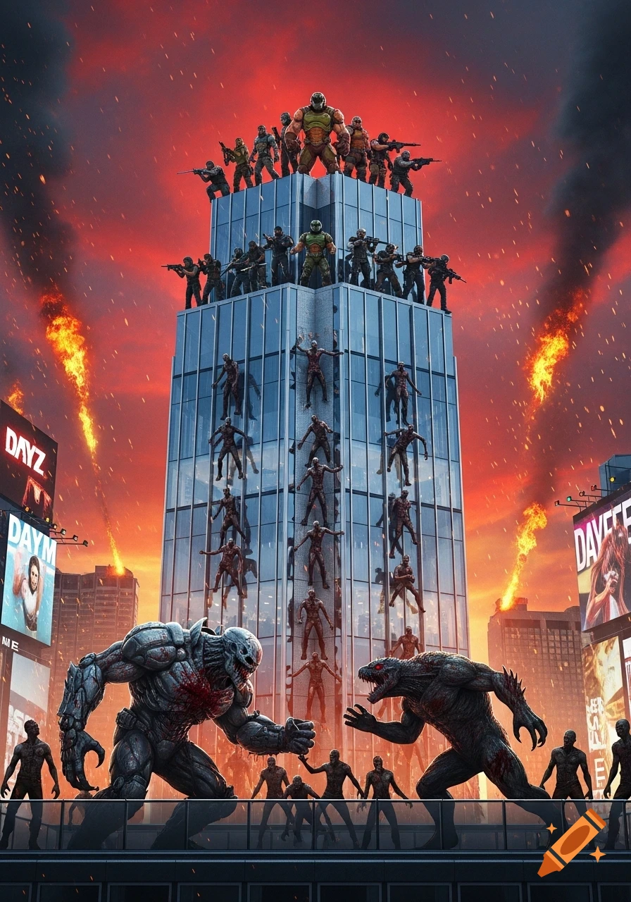 An epic, cinematic image of a New York skyscraper under apocalypse. Doomguy, Team 141, and DayZ survivors stand on top, while zombies scale the building and two large monsters fight below. The sky is fiery red with burning debris.