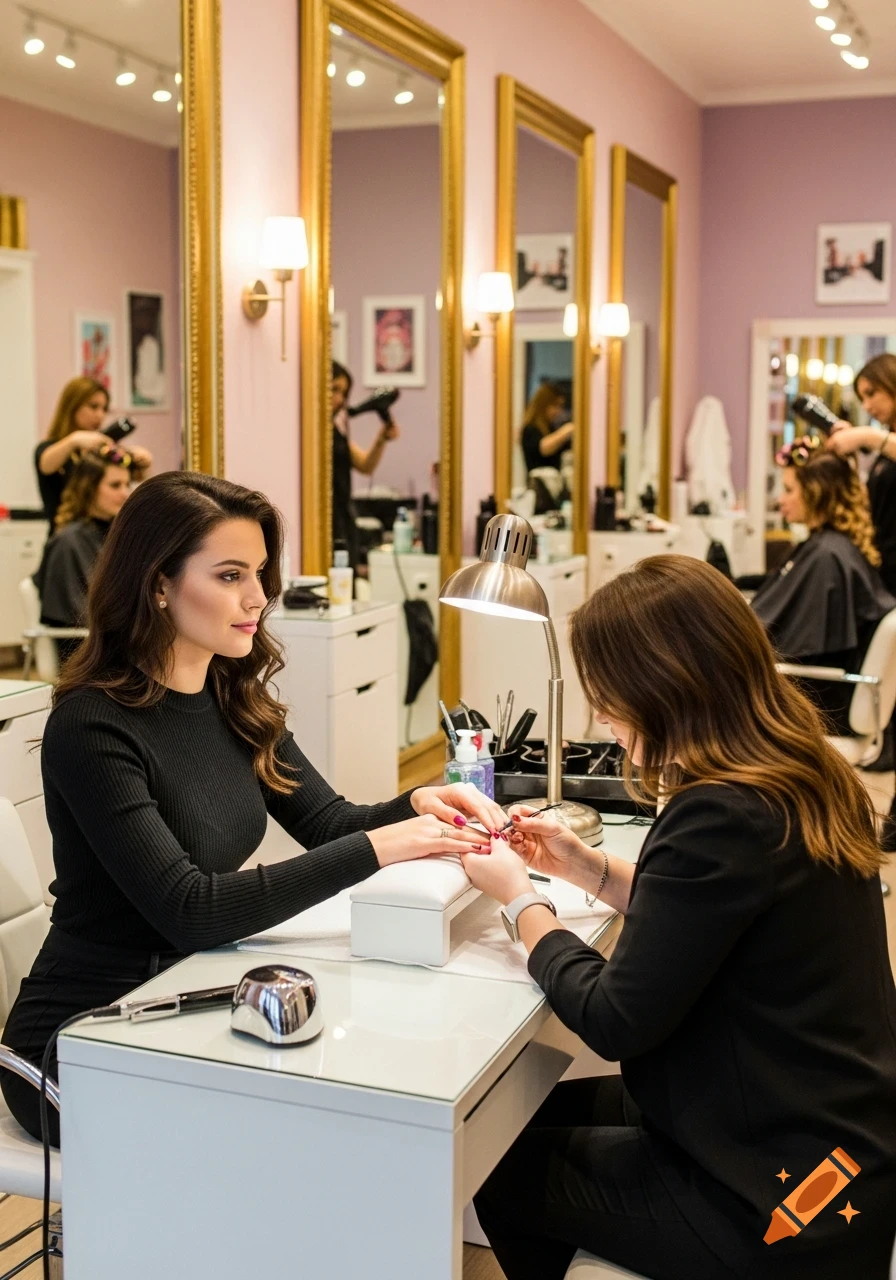 A woman gets a manicure at a salon, with other women having their hair styled in the background reflected in mirrors.