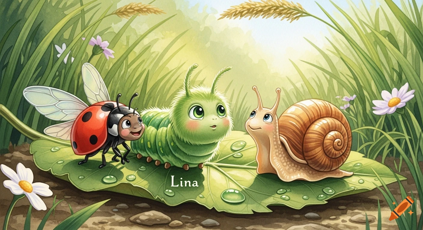 A watercolor illustration of a ladybug, green caterpillar named Lina, and a snail on a leaf in a sunny garden with flowers.