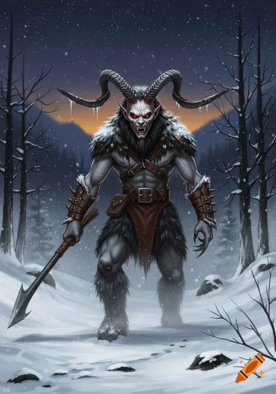 A menacing Krampus, a horned, furry creature with glowing red eyes, stands in a snowy forest at twilight, holding a spear. Digital art.