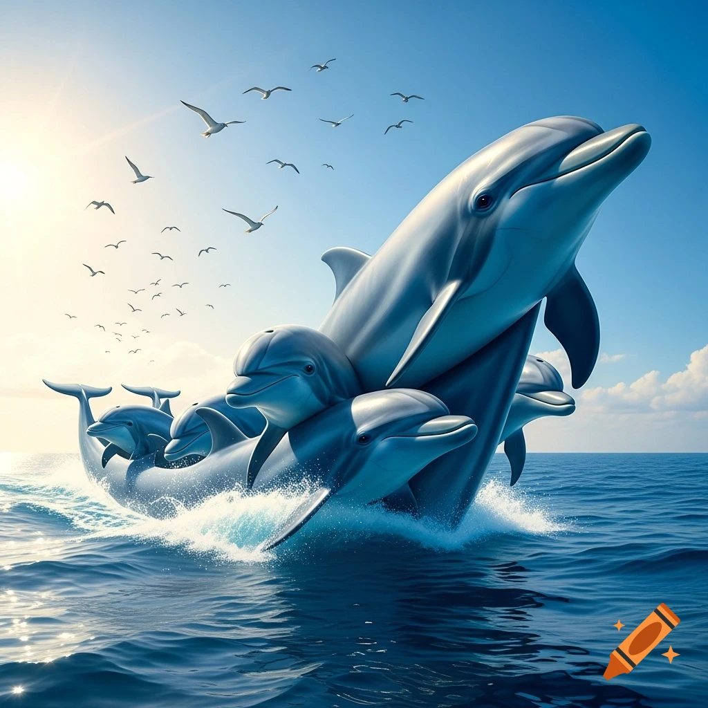 Several dolphins, including a large one, leap out of a sparkling blue ocean with birds flying overhead.