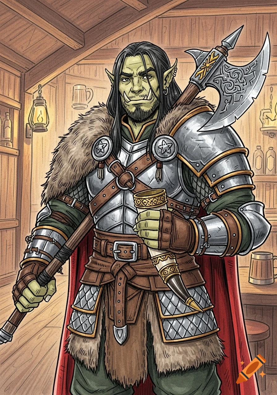 Hand-drawn fantasy art of a male half-orc in armor holding a battleaxe and a drinking horn in a tavern.