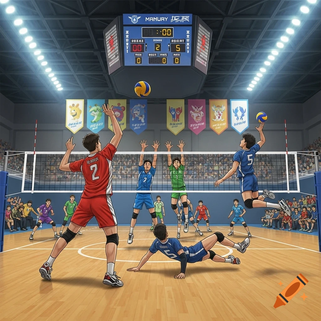 Anime-style illustration of an intense indoor volleyball game with players jumping and diving for the ball under a scoreboard.