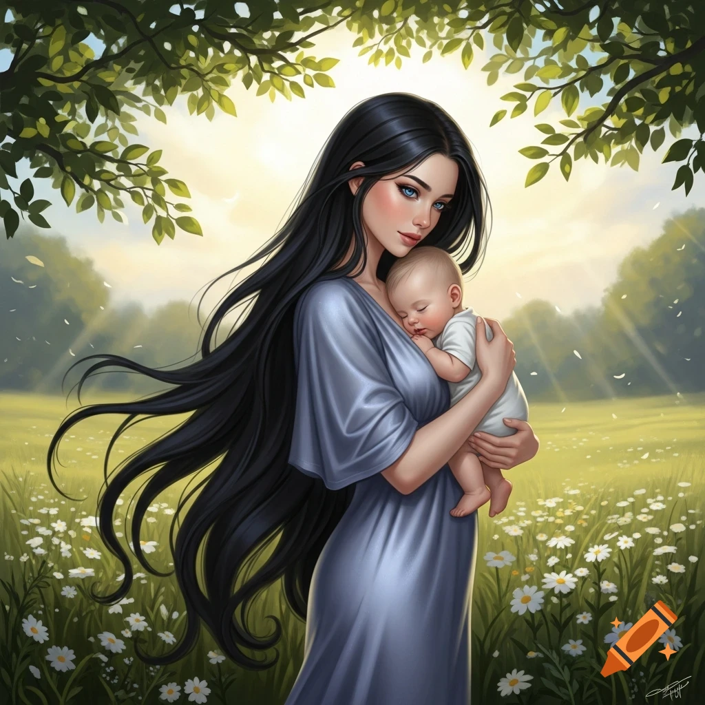An illustration of a woman with long black hair holding a sleeping baby in a sunlit field of white flowers.