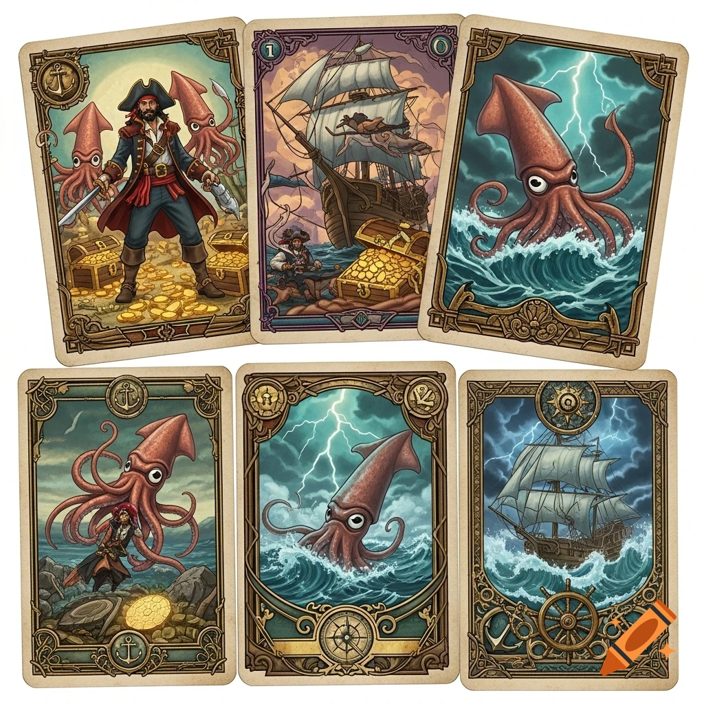 Collection of retro-style trading cards depicting pirates with treasure, sailing ships, and giant squids in stormy ocean scenes.