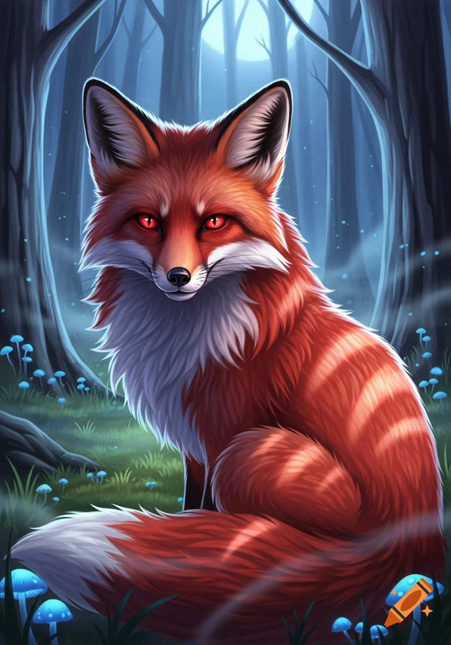A stylized red fox with glowing red eyes sits in a dark, mystical forest with blue mushrooms, illuminated by moonlight.