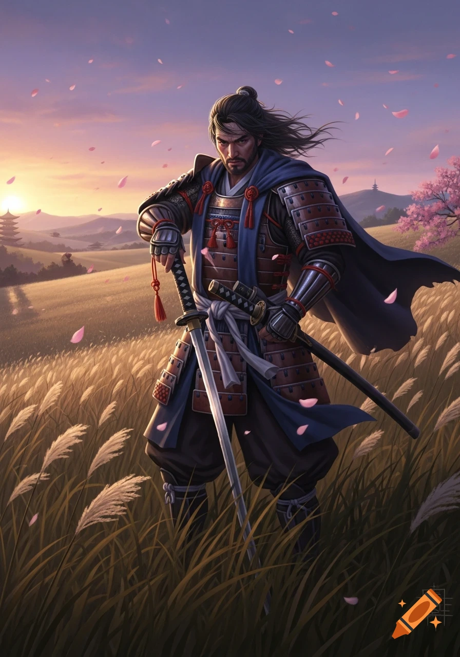 A formidable samurai in armor stands in a golden field with a katana, pink cherry blossoms falling around him, at sunset. Illustrated.