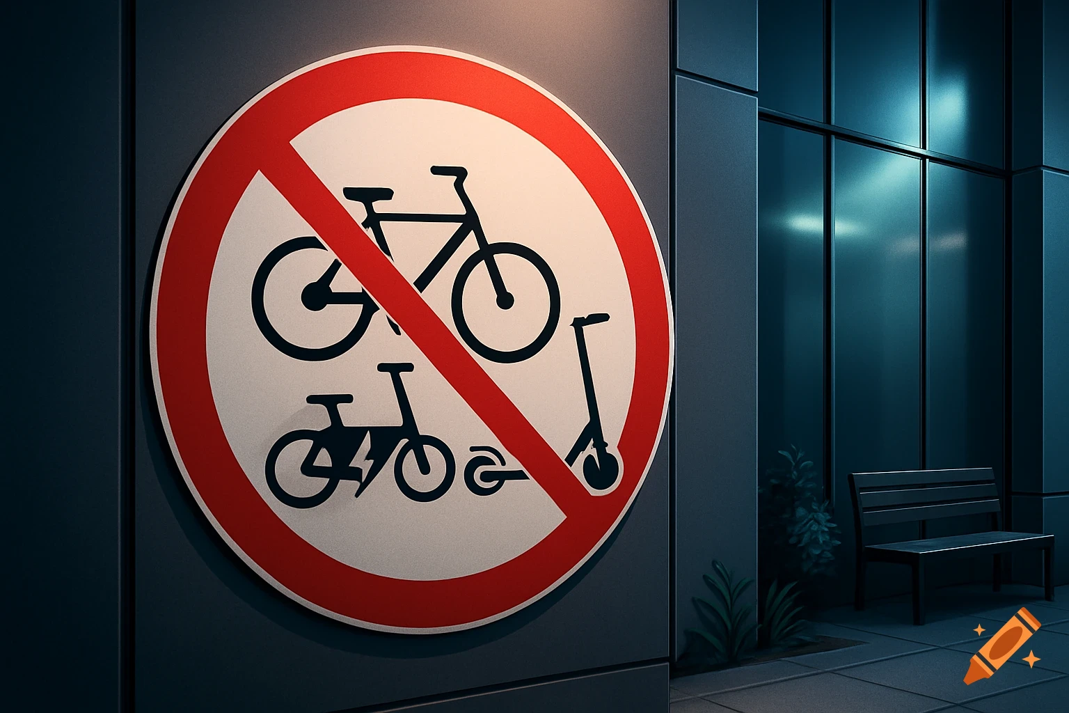 A red and white circular prohibition sign for bicycles, electric bikes, and scooters, mounted on a dark building wall.
