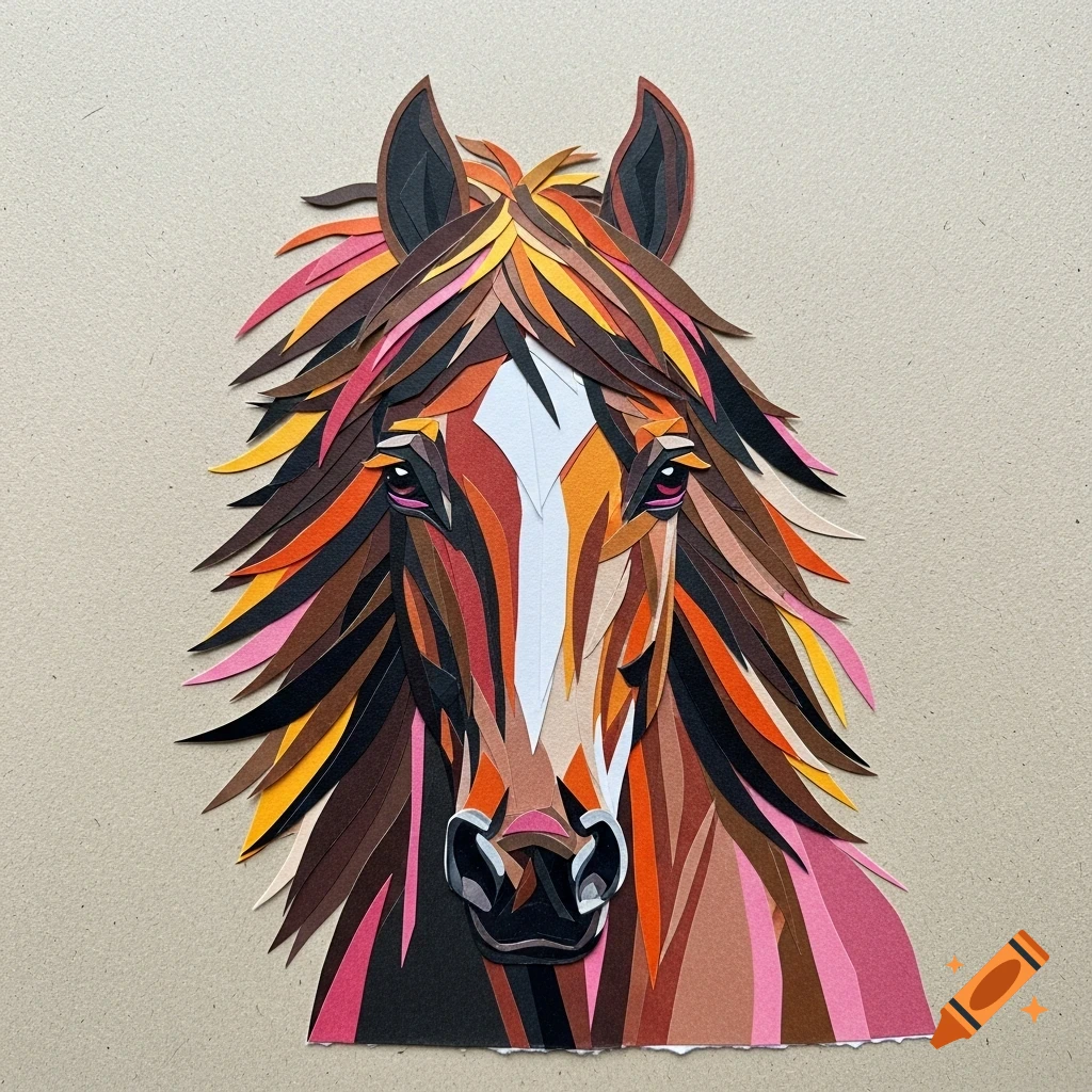 Colorful paper collage artwork depicting a horse's head with a flowing mane, made from various paper shades, set against a neutral background.
