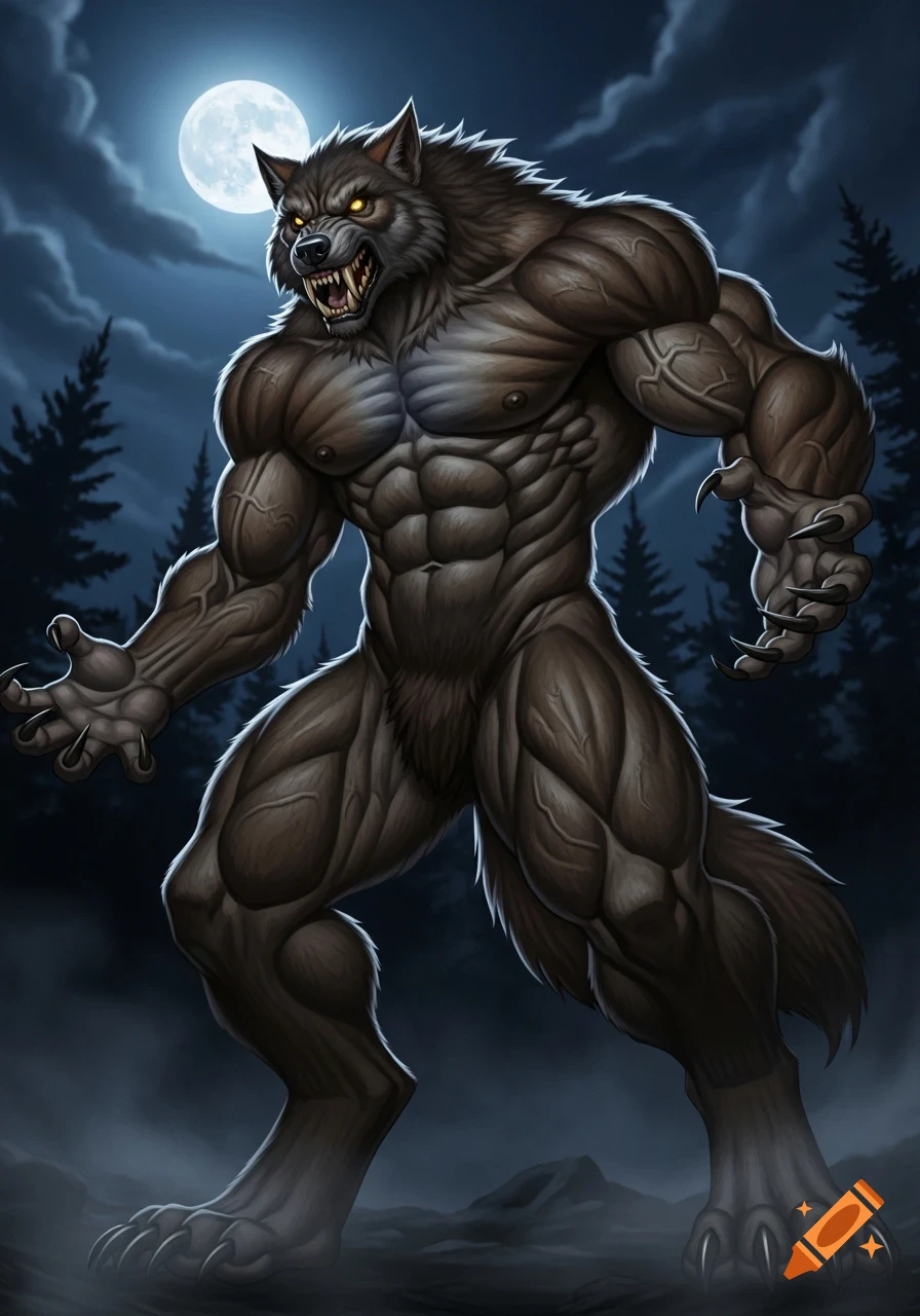 An extremely buff, snarling werewolf with glowing yellow eyes stands under a full moon in a dark forest, digital art.