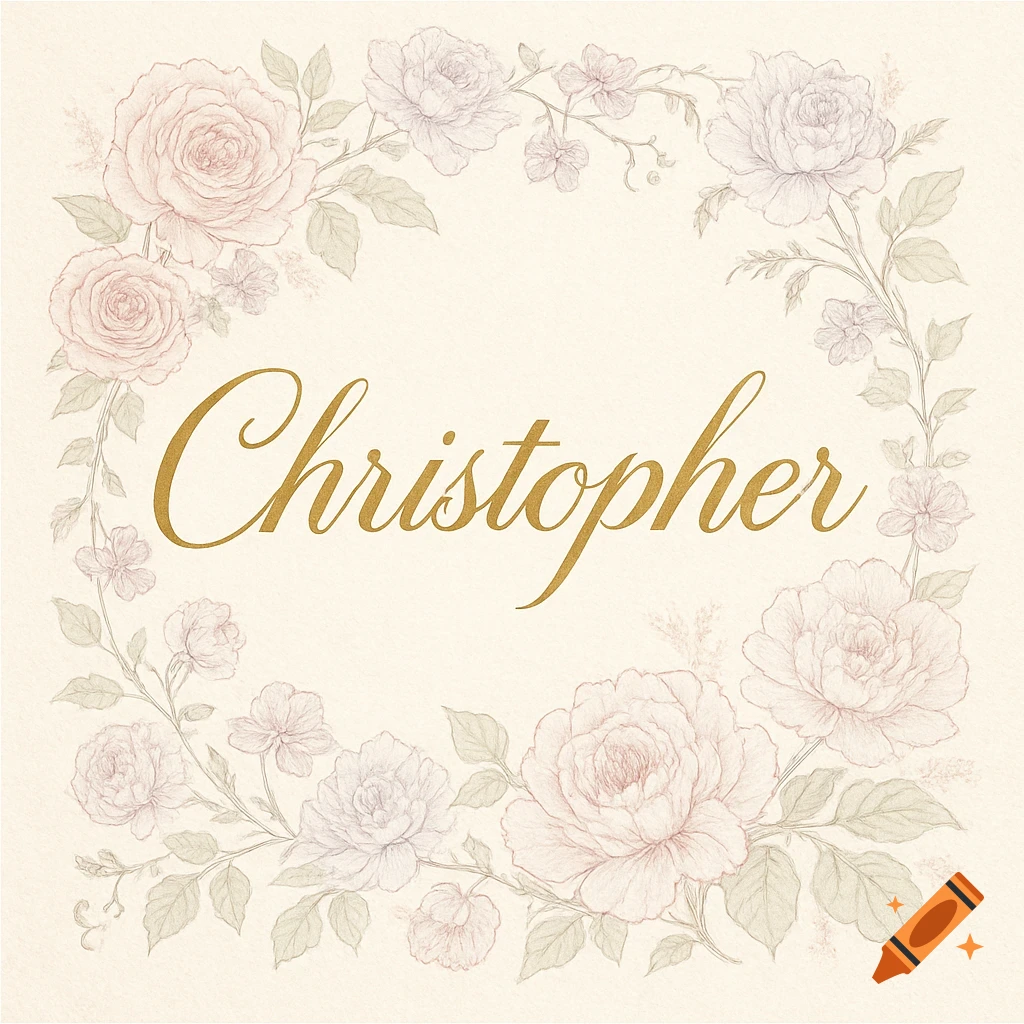 Elegant gold script name 'Christopher' within a delicate vintage floral line art wreath on a cream background, like an invitation.