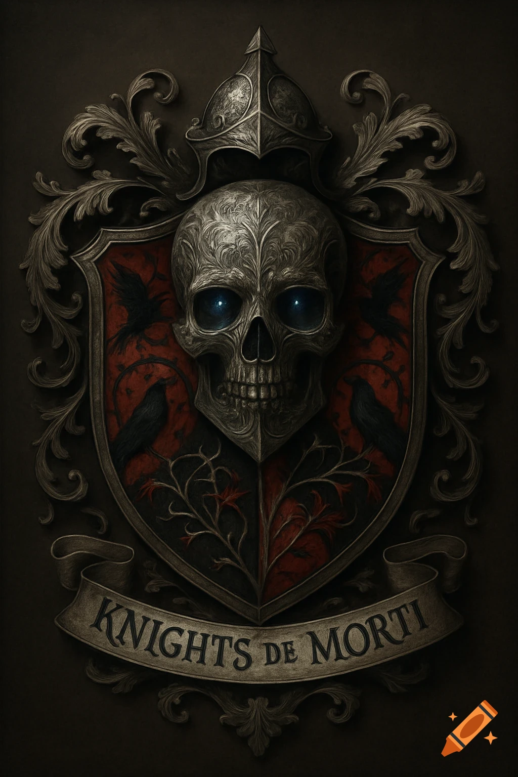 An ornate gothic coat of arms features a patterned silver skull with glowing blue eyes, a red shield with black birds and branches, and a banner reading "KNIGHTS de MORTI".