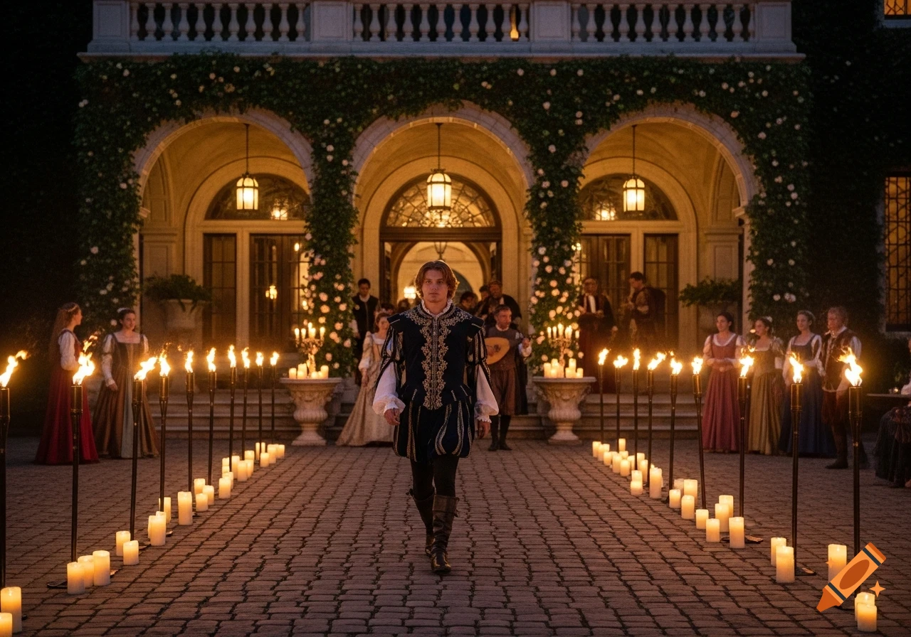 A man in historical costume walks on a torch-lit path towards an ornate, ivy-covered manor at night, with costumed guests.