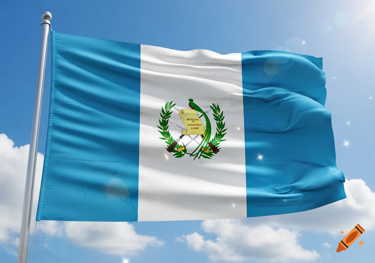 The flag of Guatemala waves in a bright blue sky with scattered clouds and sun glare, displaying its national emblem.