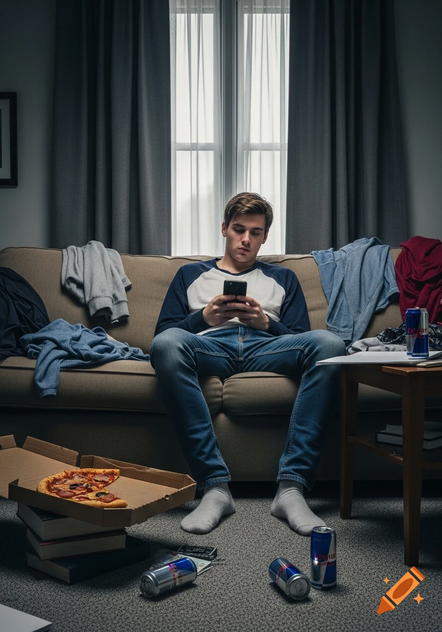 A young man sits on a messy couch, scrolling his phone in a dimly lit room with pizza and Red Bull cans on the floor.