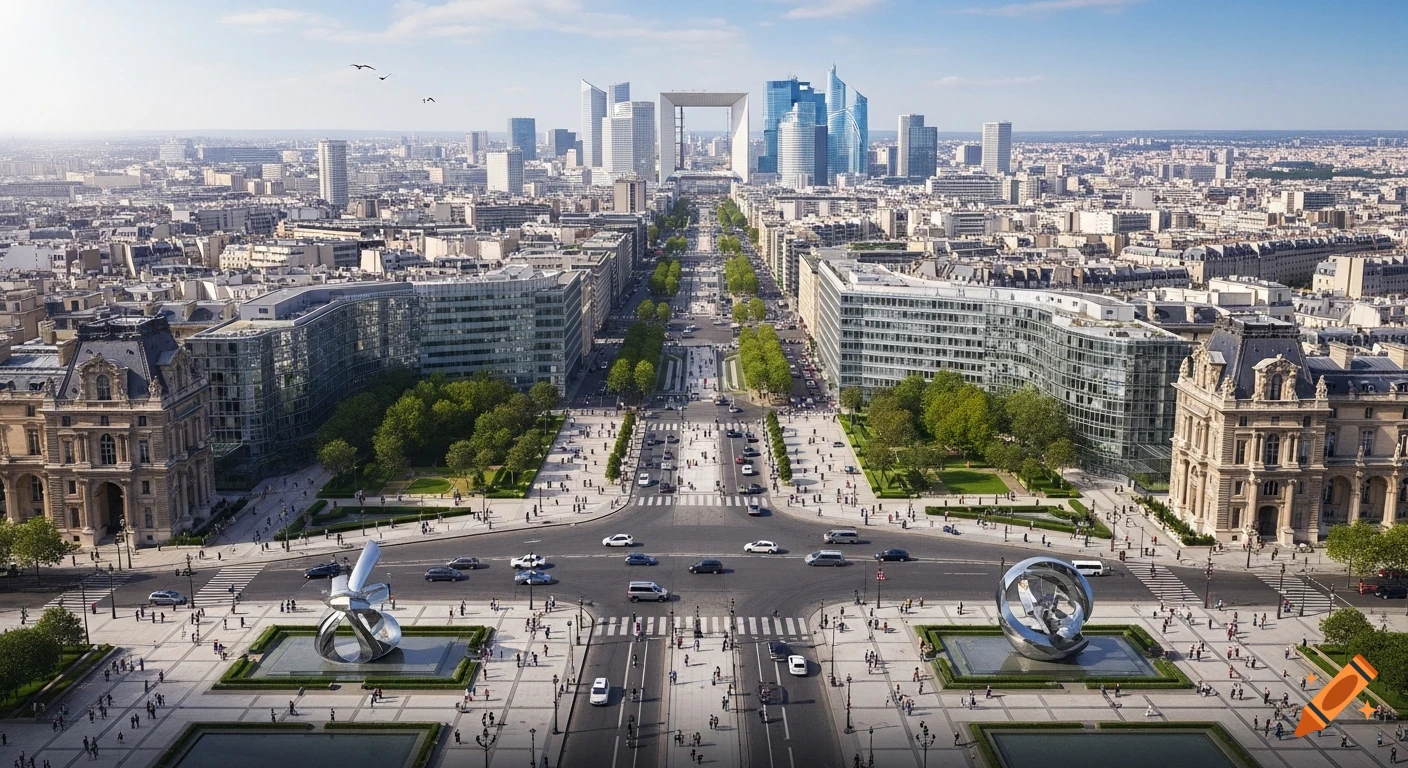 Aerial view of the Axe Historique in Paris, leading to the modern skyscrapers and Grande Arche of La D fense under a clear sky.